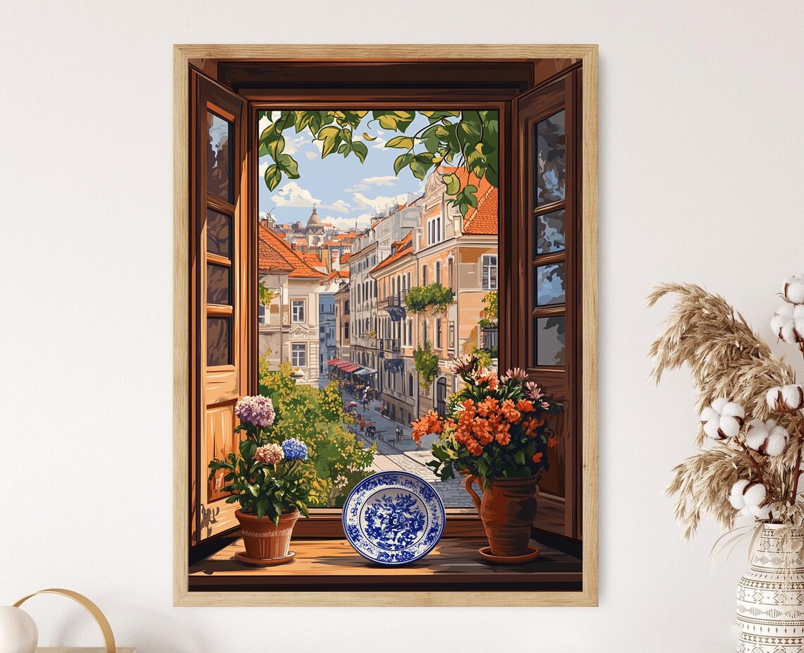 Bucharest Rustic Window Illustration, Old Town View