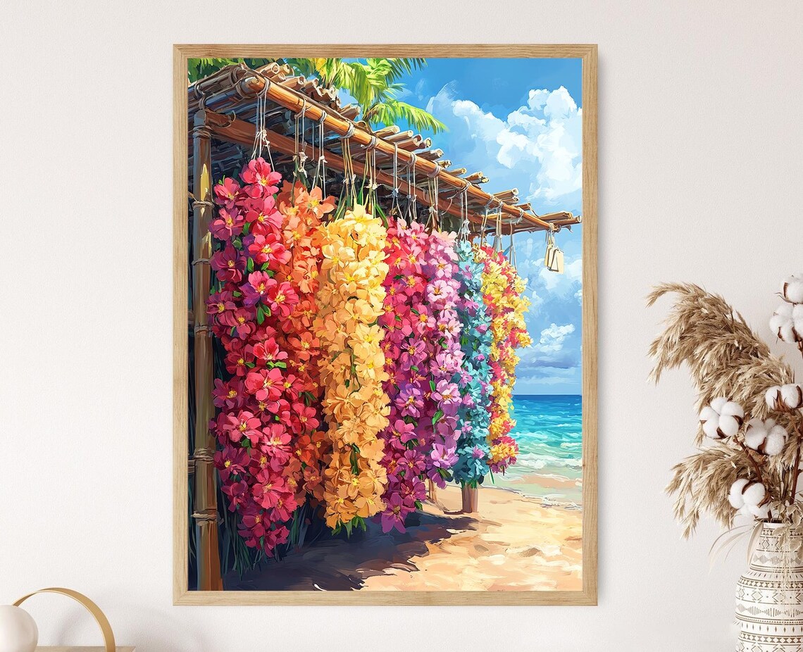 Hawaiian Lei and Flower Garland Art Print, Tropical Island
