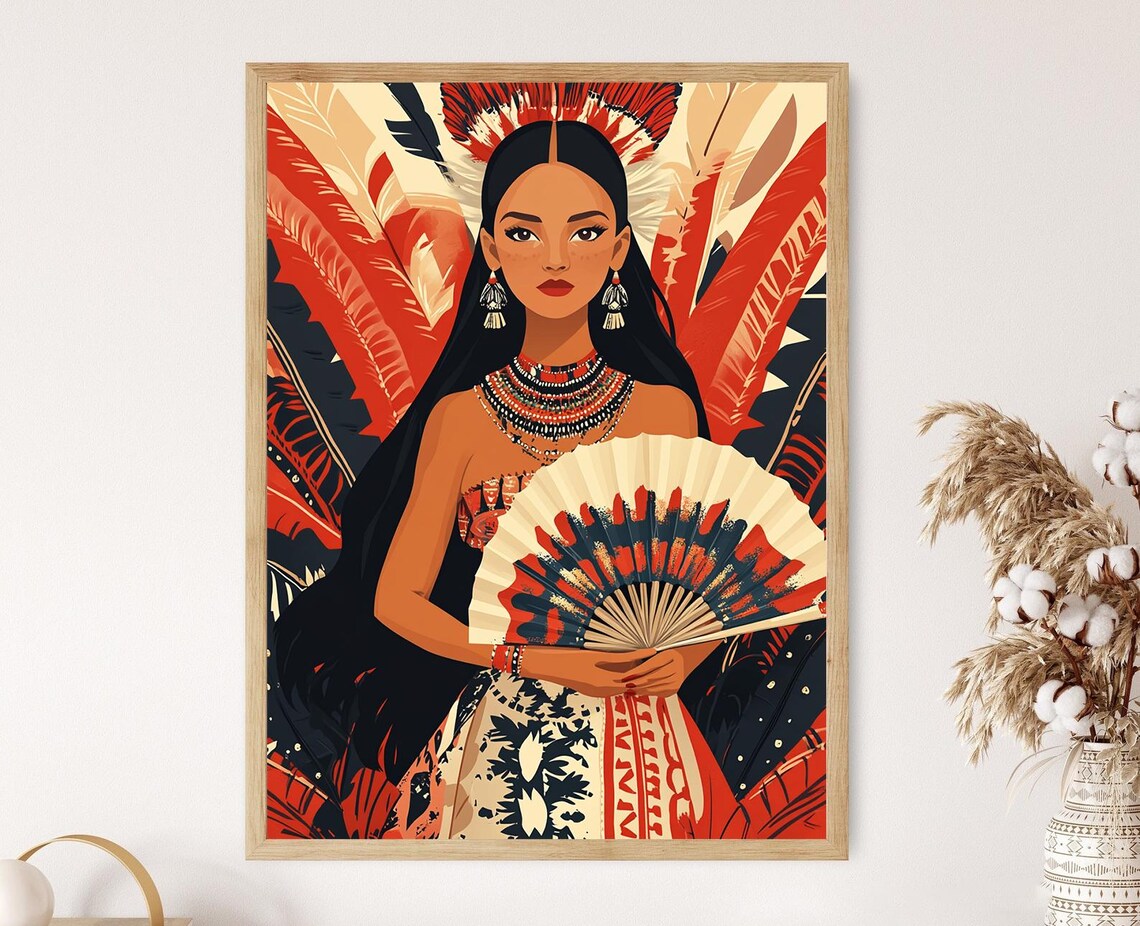 Brazilian Marajoara Woman Portrait with Feathered Fan Poster