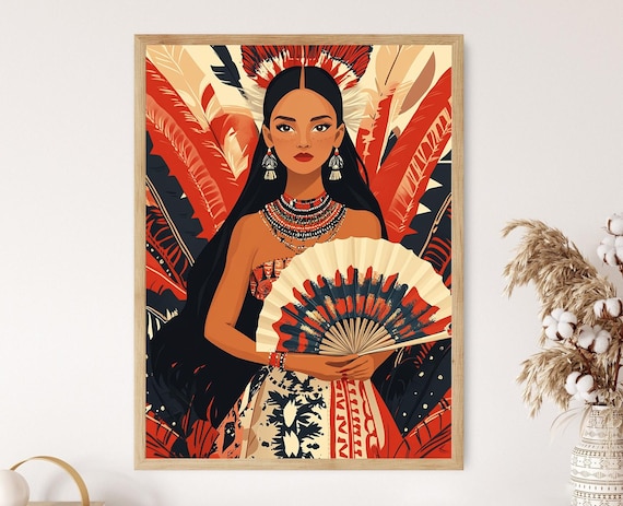 Brazilian Marajoara Woman Portrait with Feathered Fan Poster