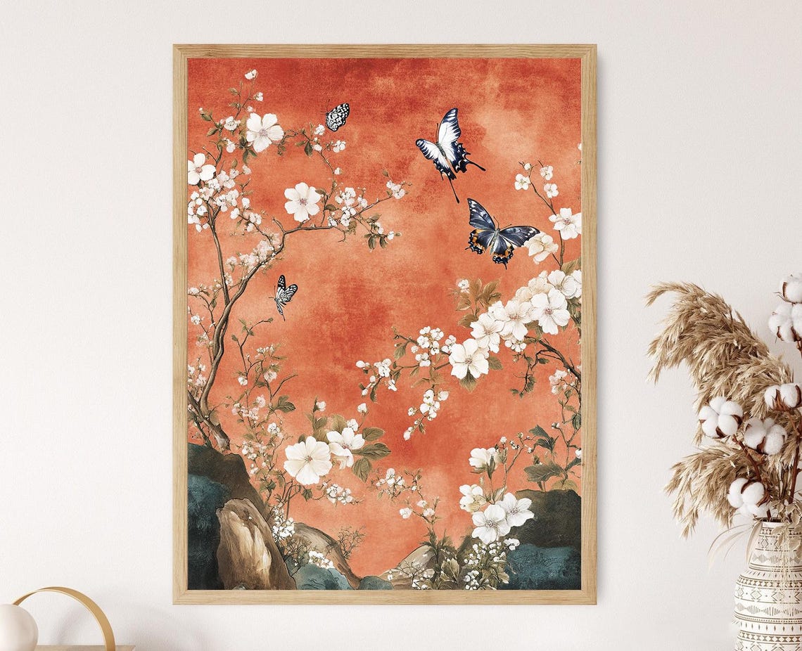 Chinoiserie Garden Scene Art Print Butterflies And Flowers Elegant Wall Decor