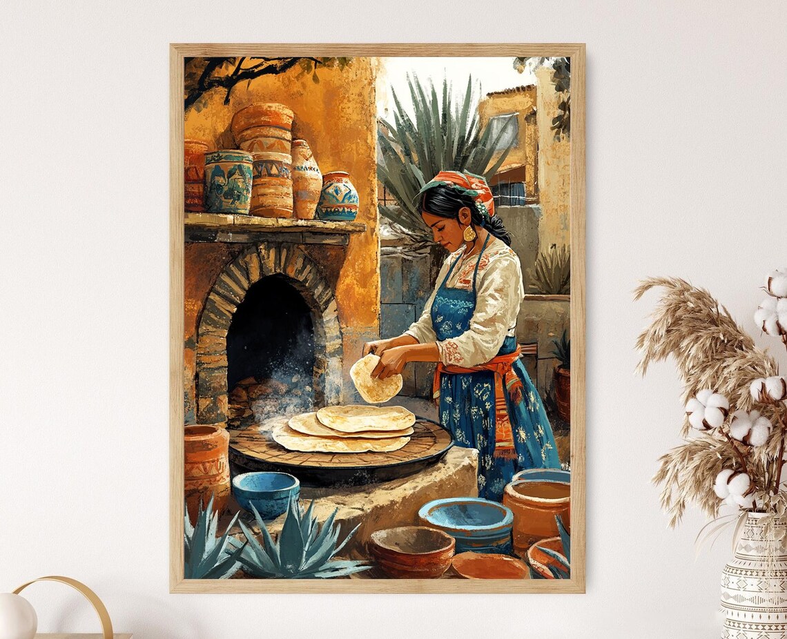 Mexican Woman Cooking Tortillas Art Print, Restaurant Decor