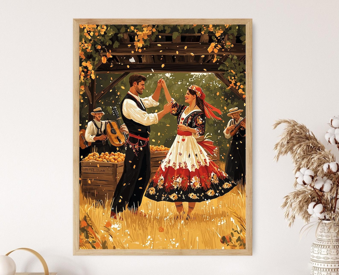 Macedonian Kopachka Harvest Dance Couple Under a Fruit Laden Pergola Poster