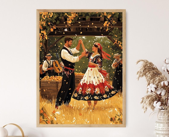Macedonian Kopachka Harvest Dance Couple Under a Fruit Laden Pergola Poster