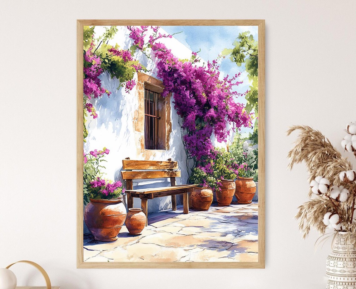 Jalisco Farm Bench With Clay Pots, Rustic Mexican Decor