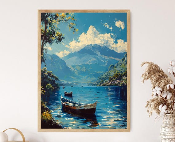 Serene Lake Atitln Painting Traditional Mayan Boats Art Print