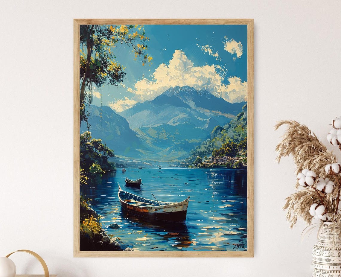 Serene Lake Atitln Painting Traditional Mayan Boats Art Print