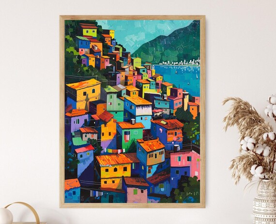 Favela Hillside at Dawn Colorful Houses Overlooking Sea Wall Poster