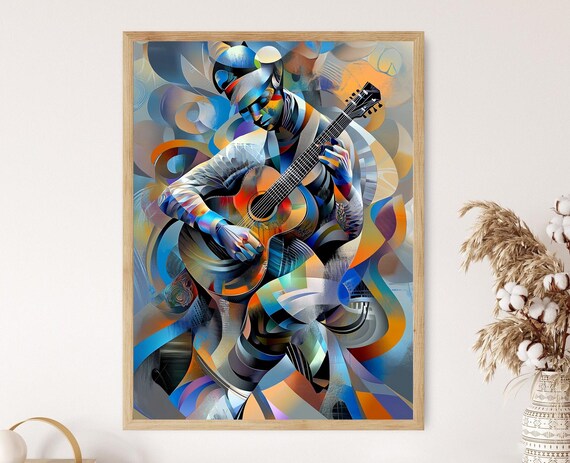 Futuristic Cubist Guitarist in Blue and Orange Swirling Abstract Shapes Poster