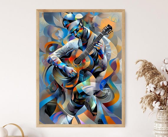 Modern Surreal Guitar Art Abstract Futuristic Musician Bold Geometric Cubism Print