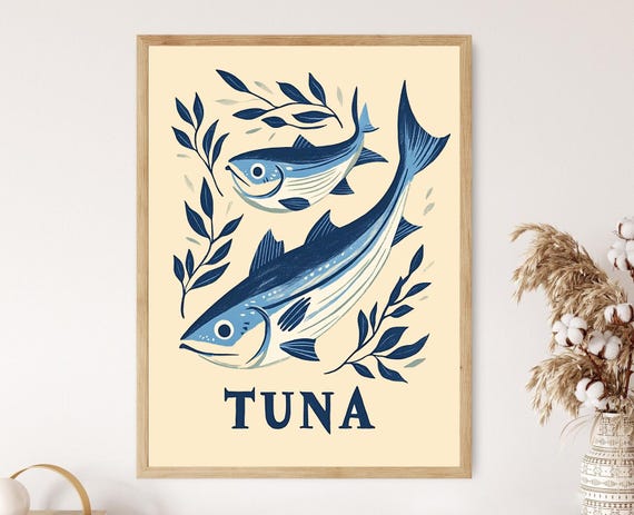 Vintage Tuna Art Print Blue Nautical Fish Illustration Coastal Kitchen Decor