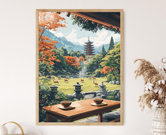 Nara Deer Park Terrace Overlook With Pagoda and Tea Cups Poster