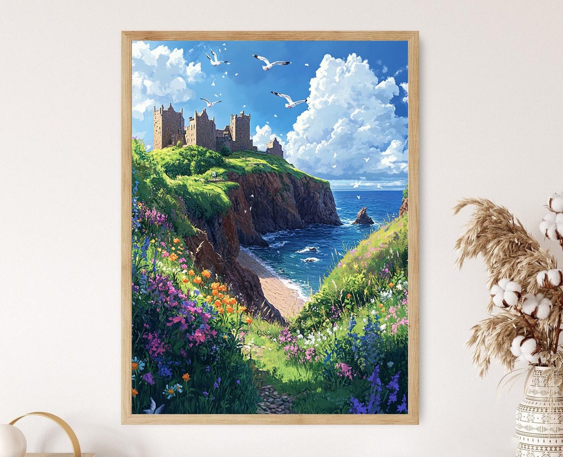 Dunnottar Castle With Wildflowers And North Sea View Scottish Coastal Art Print