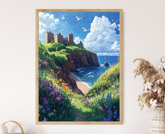 Dunnottar Castle With Wildflowers And North Sea View Scottish Coastal Art Print