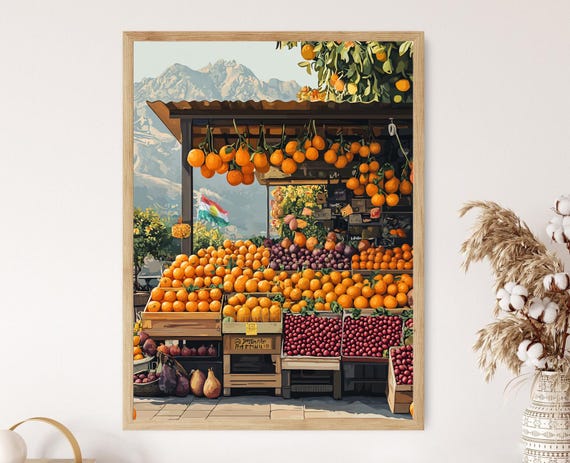 Halabja Fruit Market Scene With Oranges And Mountain View Peaceful Kurdish Town Life Art