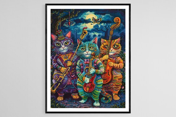 Three Colorful Cats Playing Instruments Under the Moon Poster