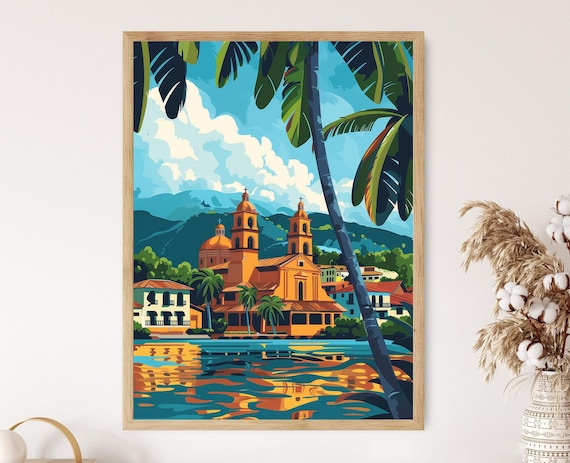 Colonial Church Riverside Palm Reflections Tropical Town Art Poster