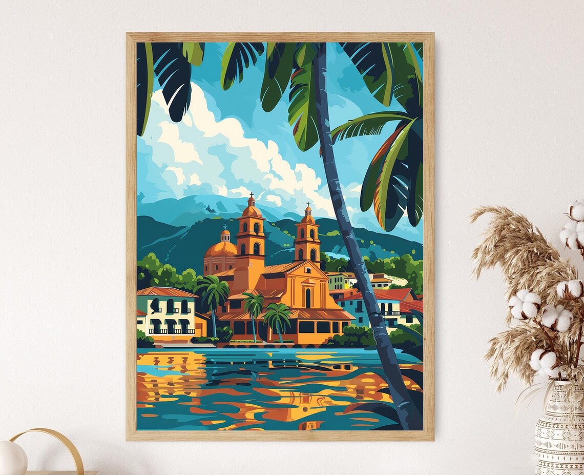 Colonial Church Riverside Palm Reflections Tropical Town Art Poster