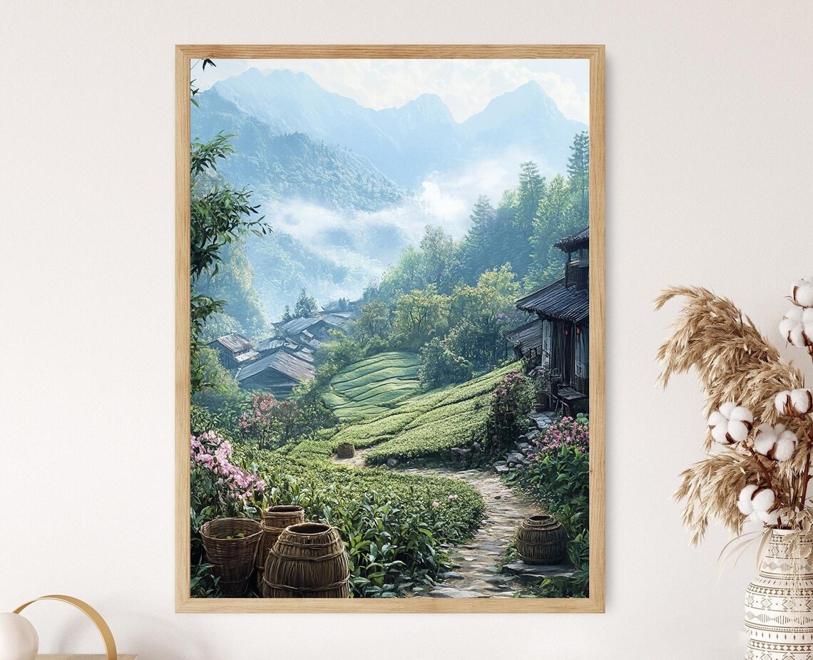 Zhejiang Tea Village Travel Poster, Terraced Fields