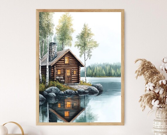 Finnish Sauna Cabin Art Print Scandinavian Lakefront Decor Poster