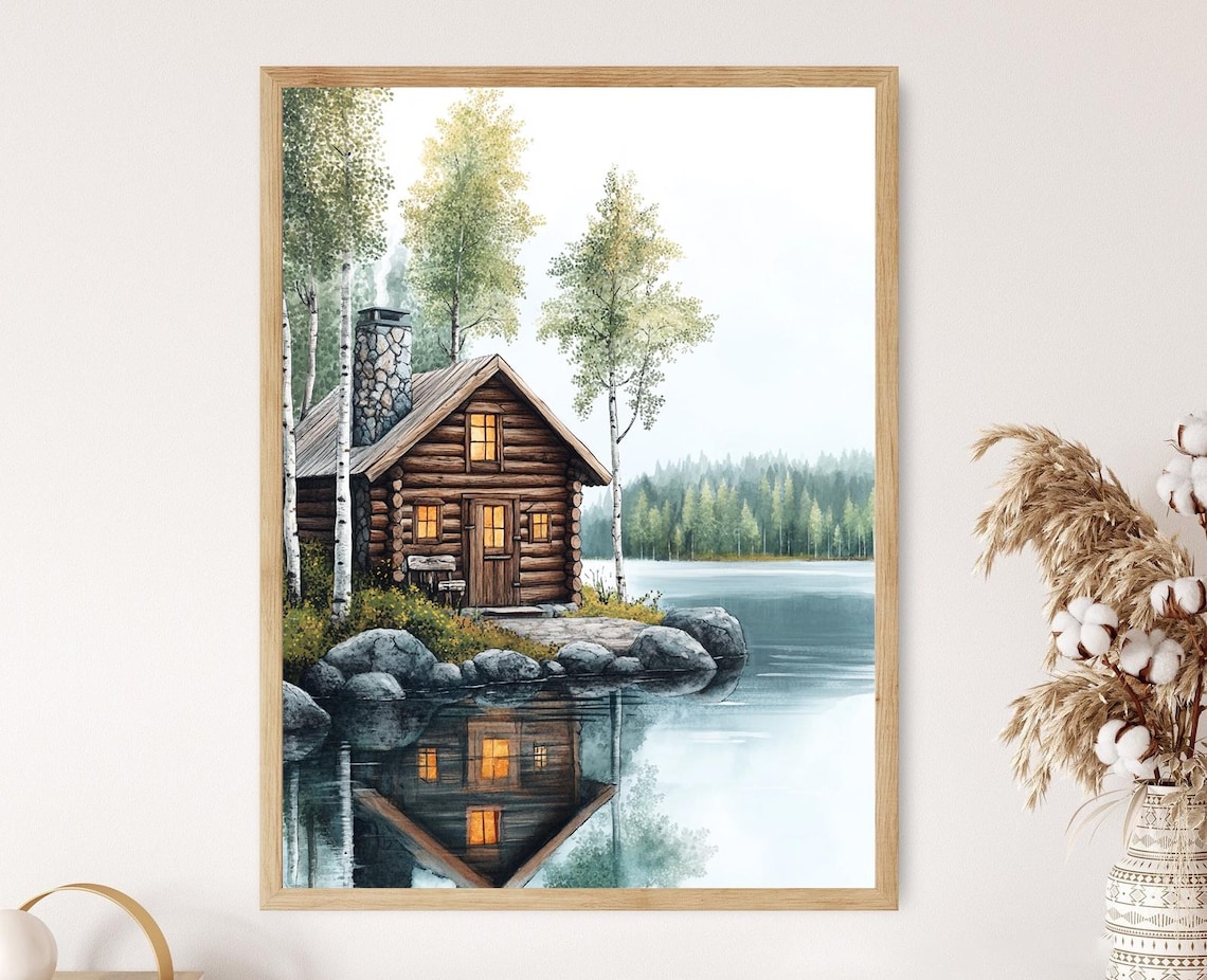 Finnish Sauna Cabin Art Print Scandinavian Lakefront Decor Poster