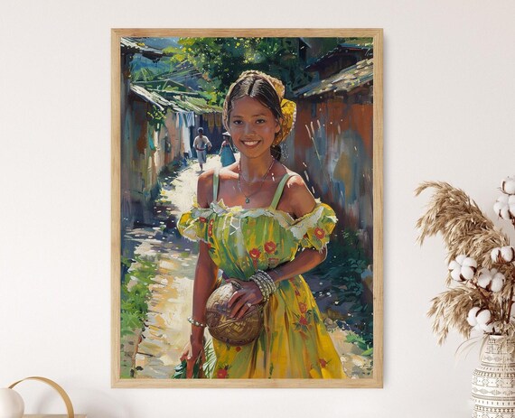 Smiling Woman in Yellow Floral Dress with Woven Hat Village Scene Poster