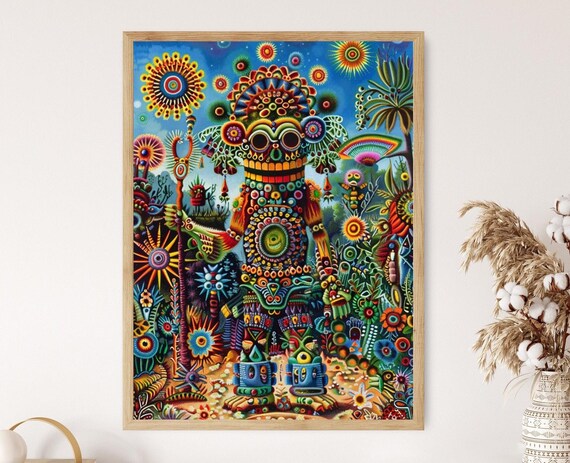 Huichol Beadwork Spirit Figure Suns Jungle Ceremony Scene Poster