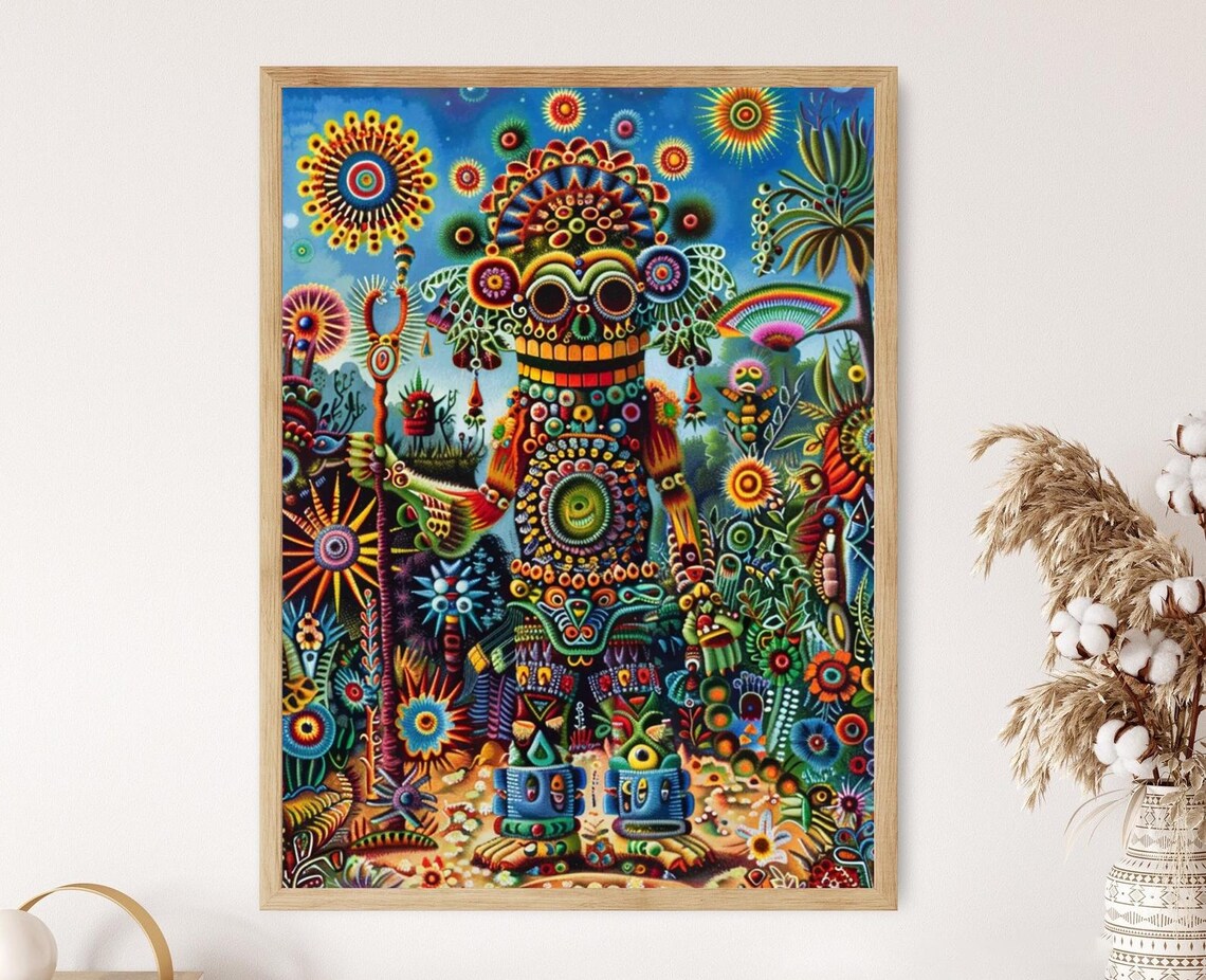Huichol Beadwork Spirit Figure Suns Jungle Ceremony Scene Poster