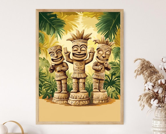Three Dancing Tiki Statues in Tropical Palm Jungle Artwork Poster