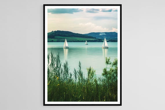 Lake Balaton Landscape Art Print Serene Waters Sailboats And Hills Hungarian Nature