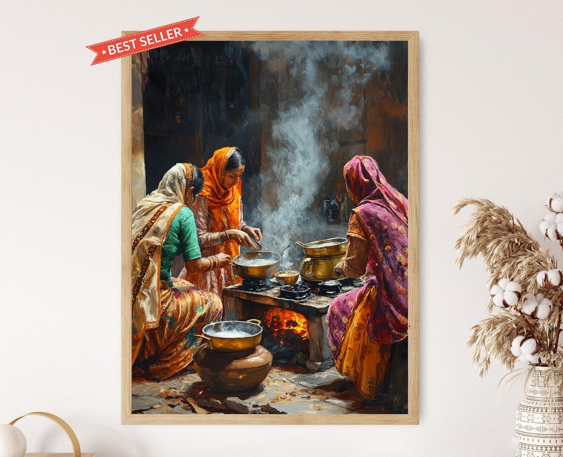Traditional Punjabi Kitchen Art Print, Women Cooking