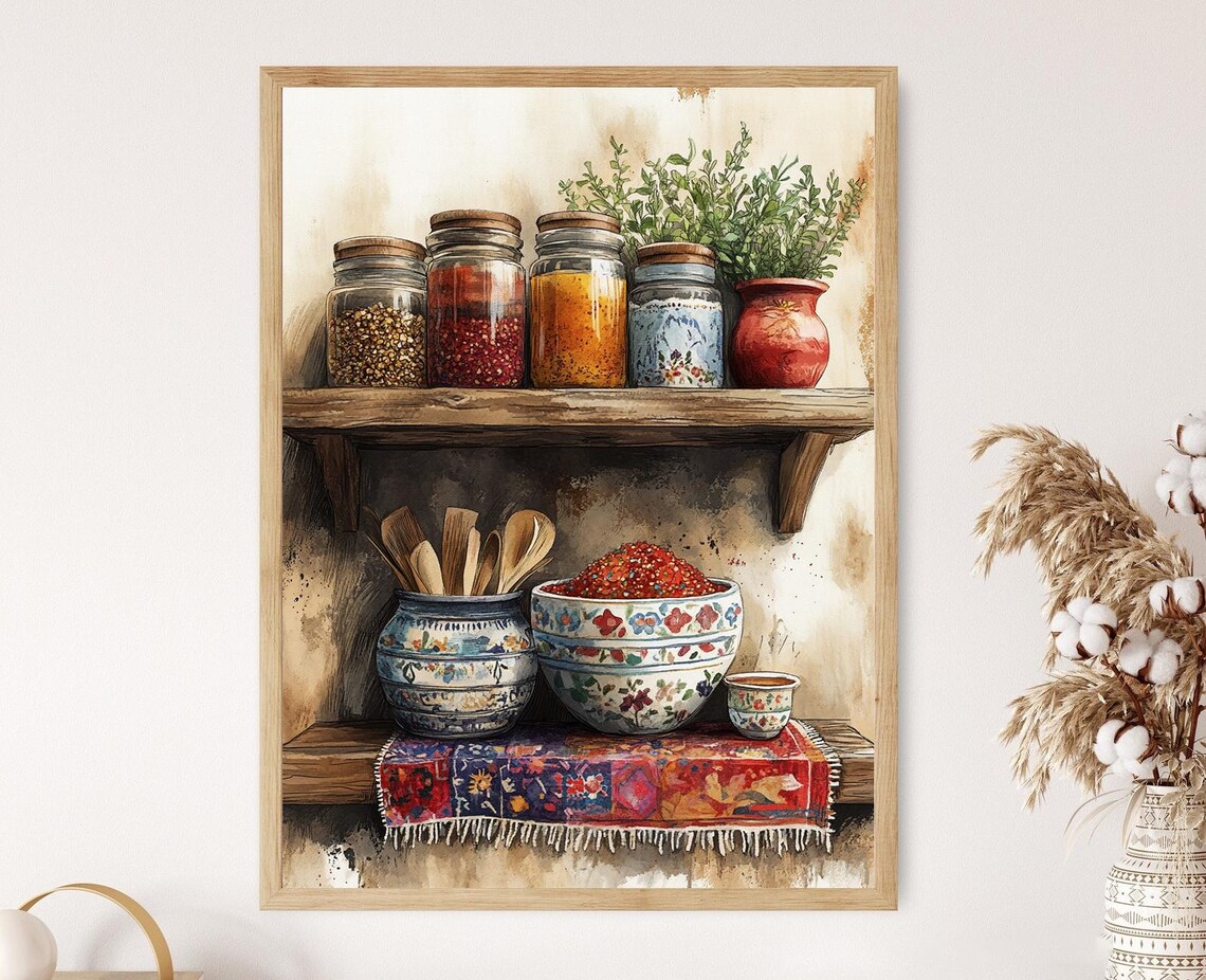 Rustic Iranian Spice Jars Art Print, Kitchen Decor