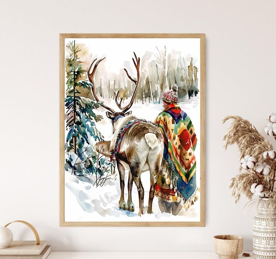 Sami Culture Illustration, Lapland Reindeer Herding Art Print