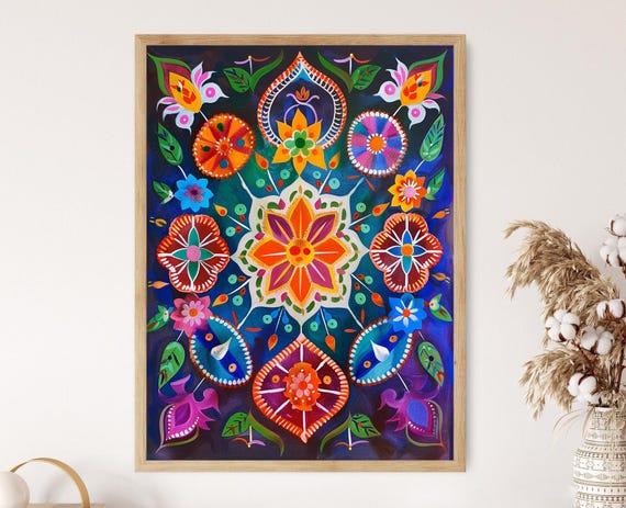 Rangoli Pattern Decorative Art Traditional Indian Design Print Living Room Decor Cultural Gift