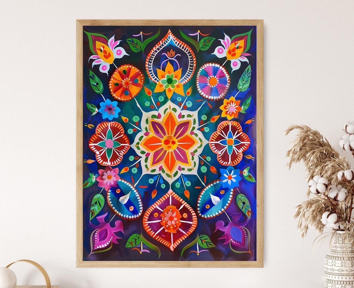 Rangoli Pattern Decorative Art Traditional Indian Design Print Living Room Decor Cultural Gift