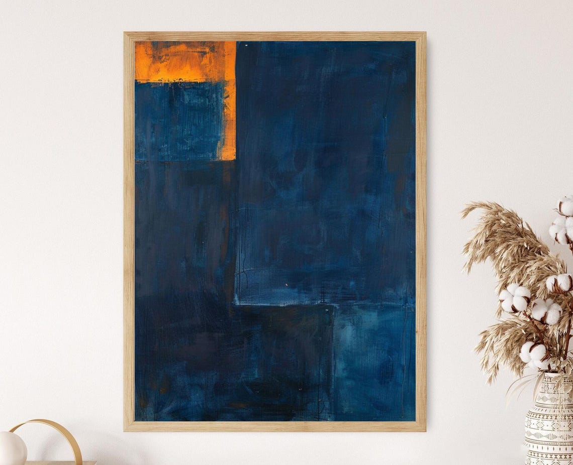 Deep Navy Blue Abstract with Orange Accent Modern Art Poster