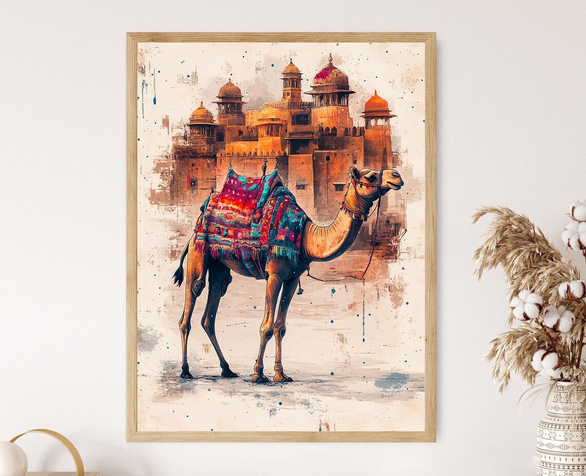Decorated Camel Before Rajput Palace Watercolor Desert Poster