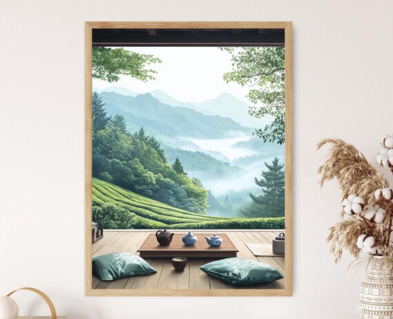 Boseong Rooftop Patio Art Print Flat Vector Illustration Korean Tea Culture Decor