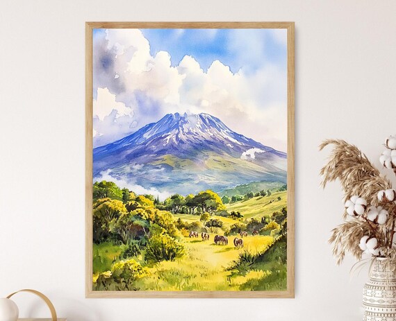Mount Kilimanjaro Watercolor Elephants Golden Savannah Art Poster