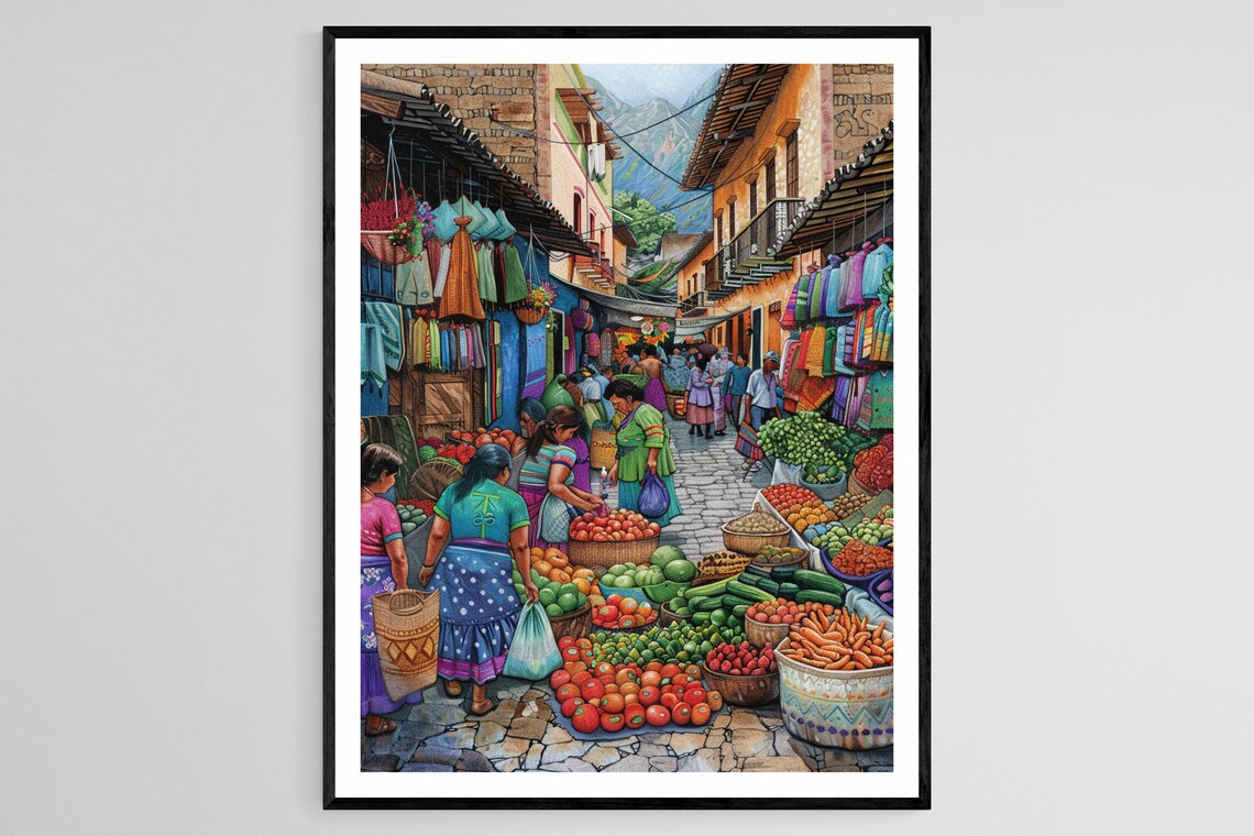 Bustling Mexican Mercado Street With Produce Baskets and Textiles Poster