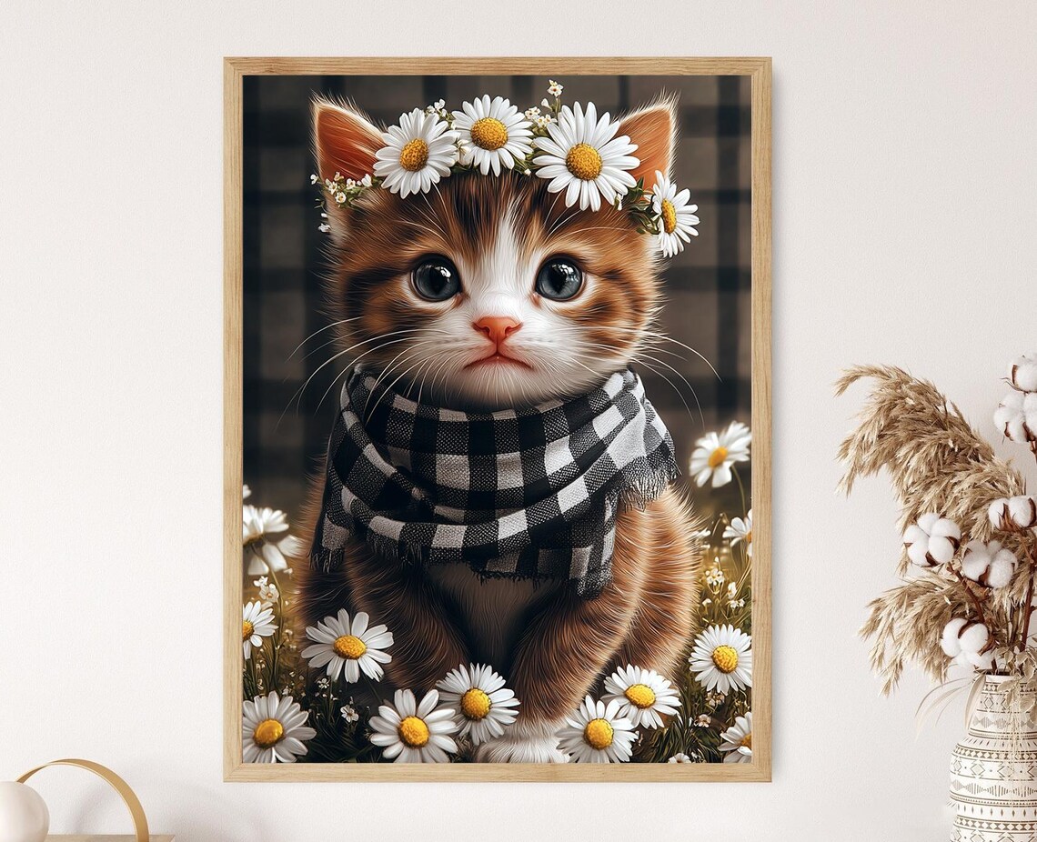 Cute Kitten with Daisy Crown and Plaid Scarf Farmhouse Poster