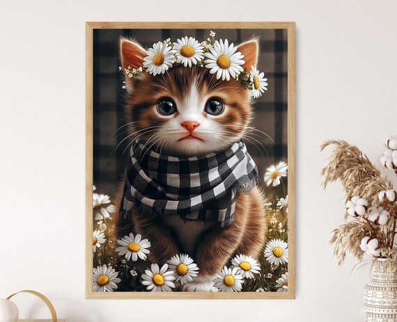 Cute Kitten with Daisy Crown and Plaid Scarf Farmhouse Poster