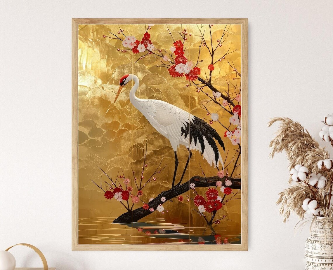 Crane By The River, Japanese Art Print, Bird Decor