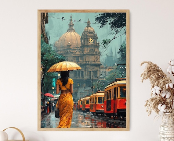 Kolkata Rainy Tram Street Woman in Yellow Saree Umbrella Poster
