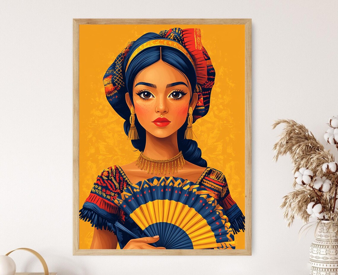Indigenous Woman Portrait with Painted Hand Fan and Headdress Poster