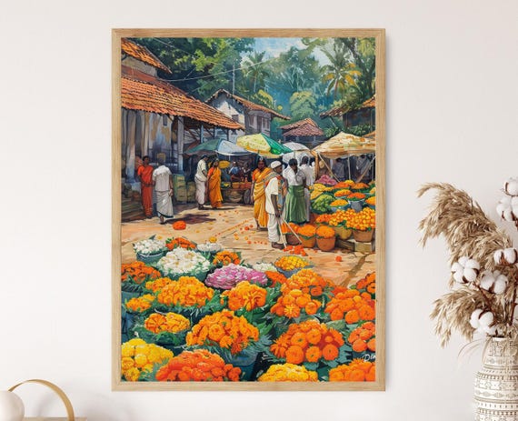 Flower Market in Tamil Nadu, Vibrant Art Print