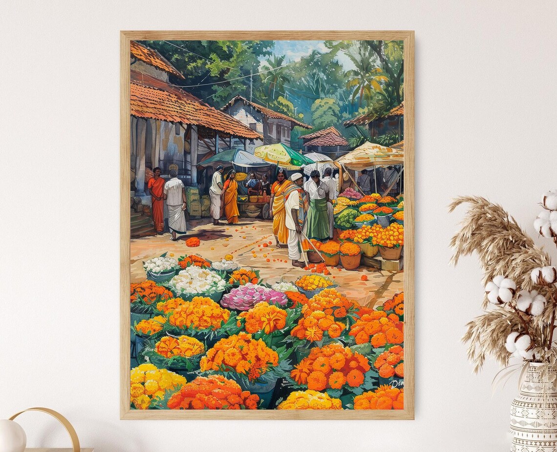Flower Market in Tamil Nadu, Vibrant Art Print