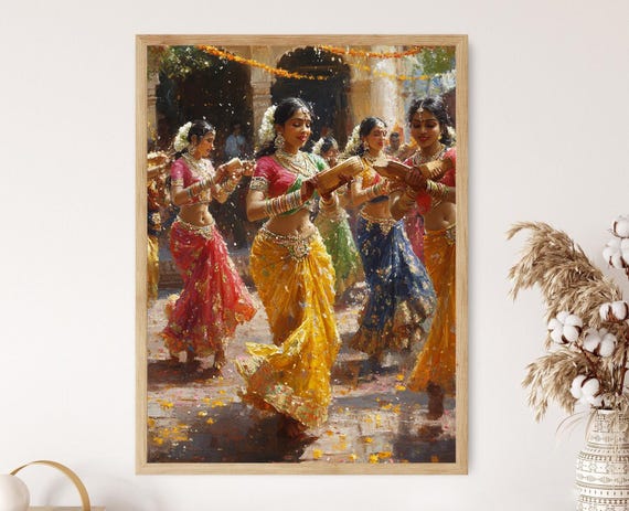 Lezim Dance Gudi Padwa Art Marathi Festival Print Indian Celebration Painting Cultural Wall Decor