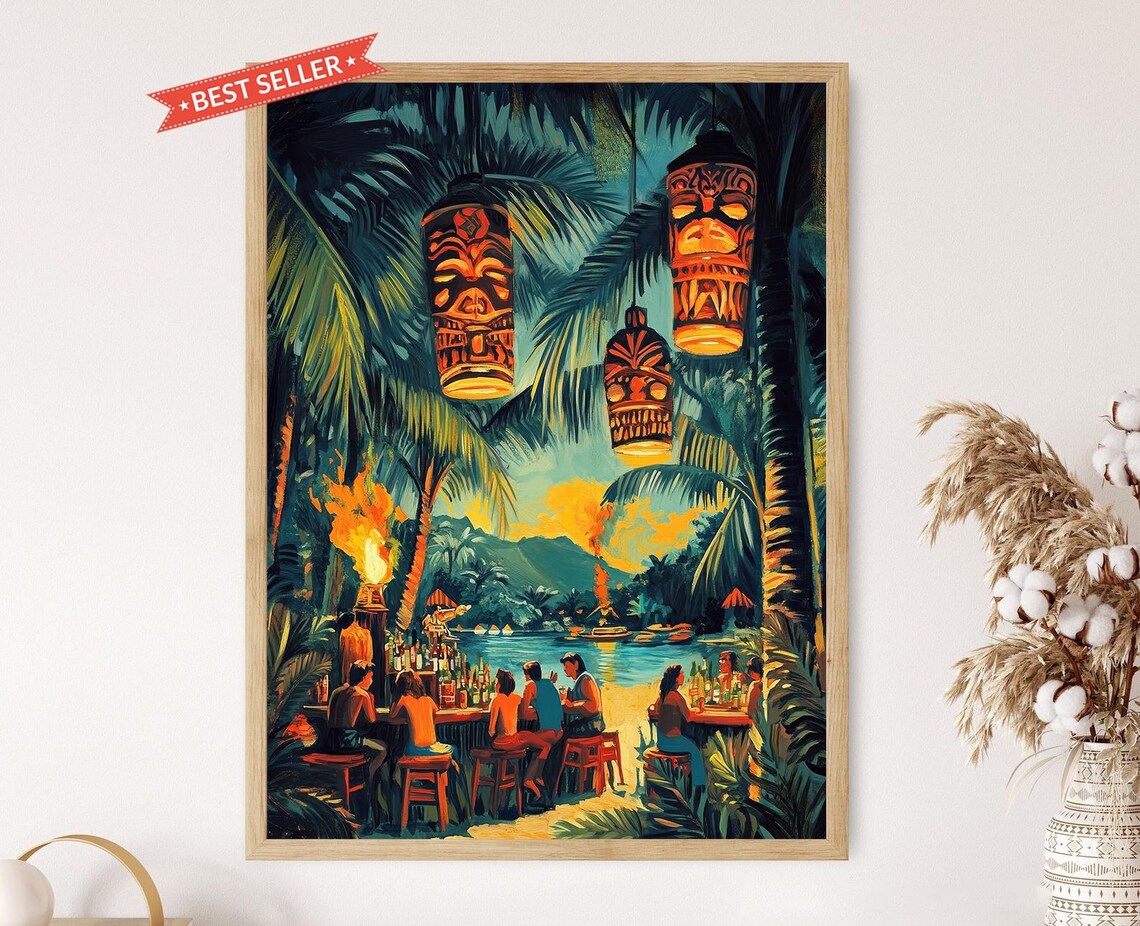 Vintage Hawaiian Tiki Bar Patrons And Torches Art Print