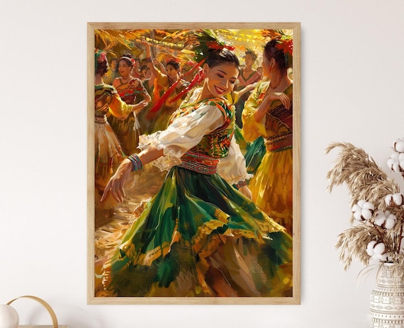 Filipino Festival Dancer In Green Skirt Surrounded By Dancers Poster